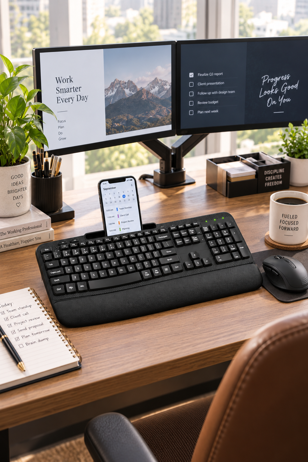 Black ergonomic wave keyboard and mouse combo with phone holder on a busy productivity desk