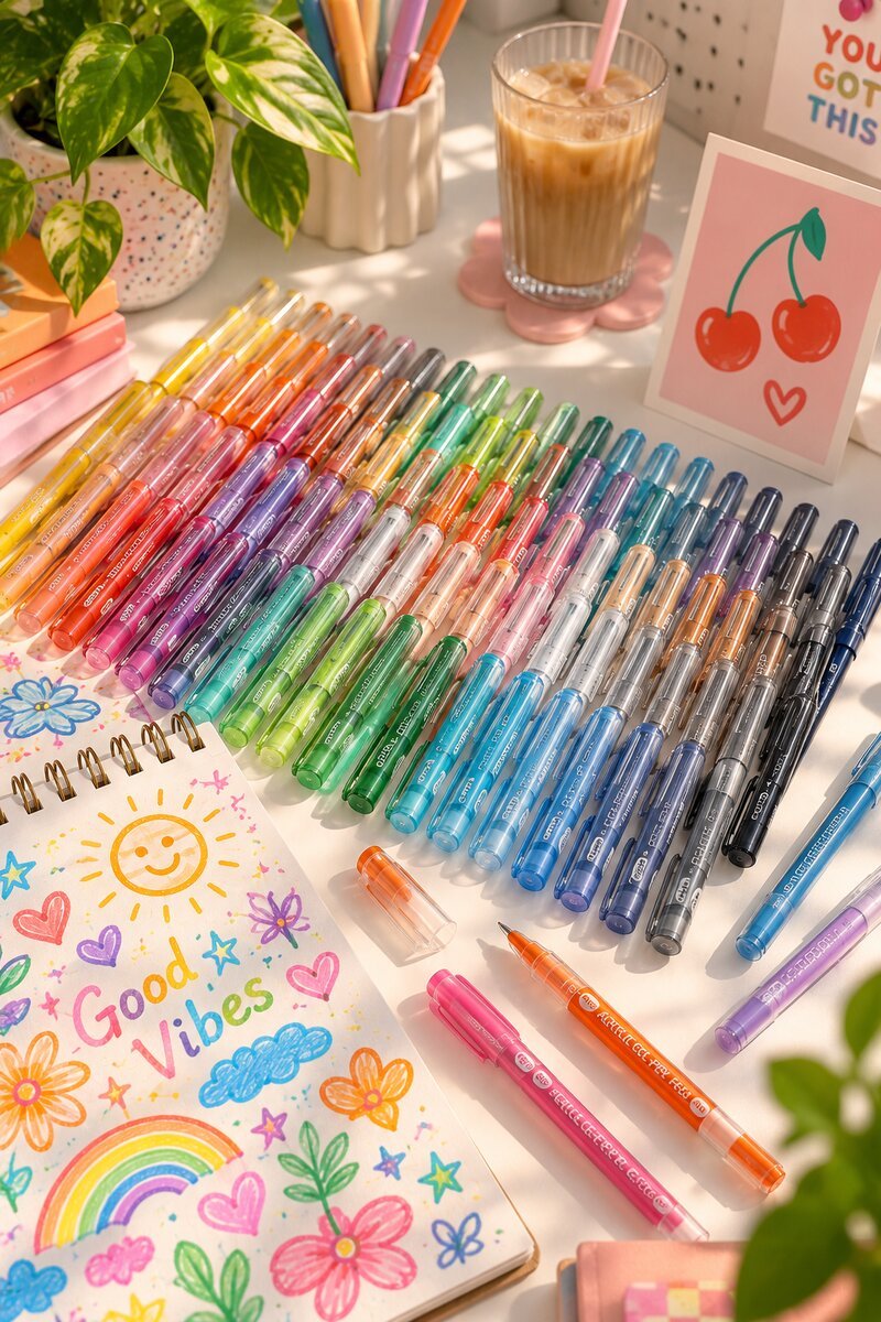 Rainbow acrylic gel pen set on a colourful home office desk
