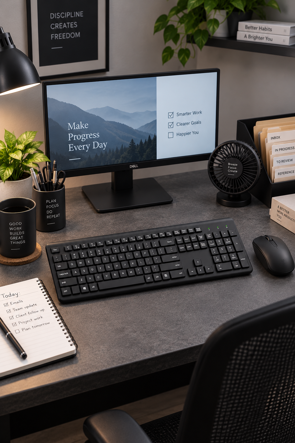 Black silent ergonomic wireless keyboard and mouse combo on a tidy everyday desk