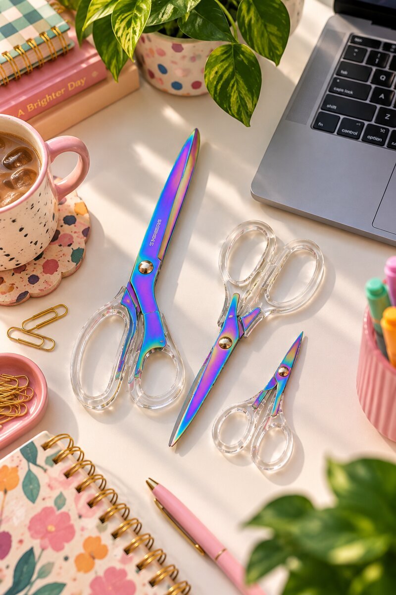 Iridescent rainbow scissors set on a colourful home office desk