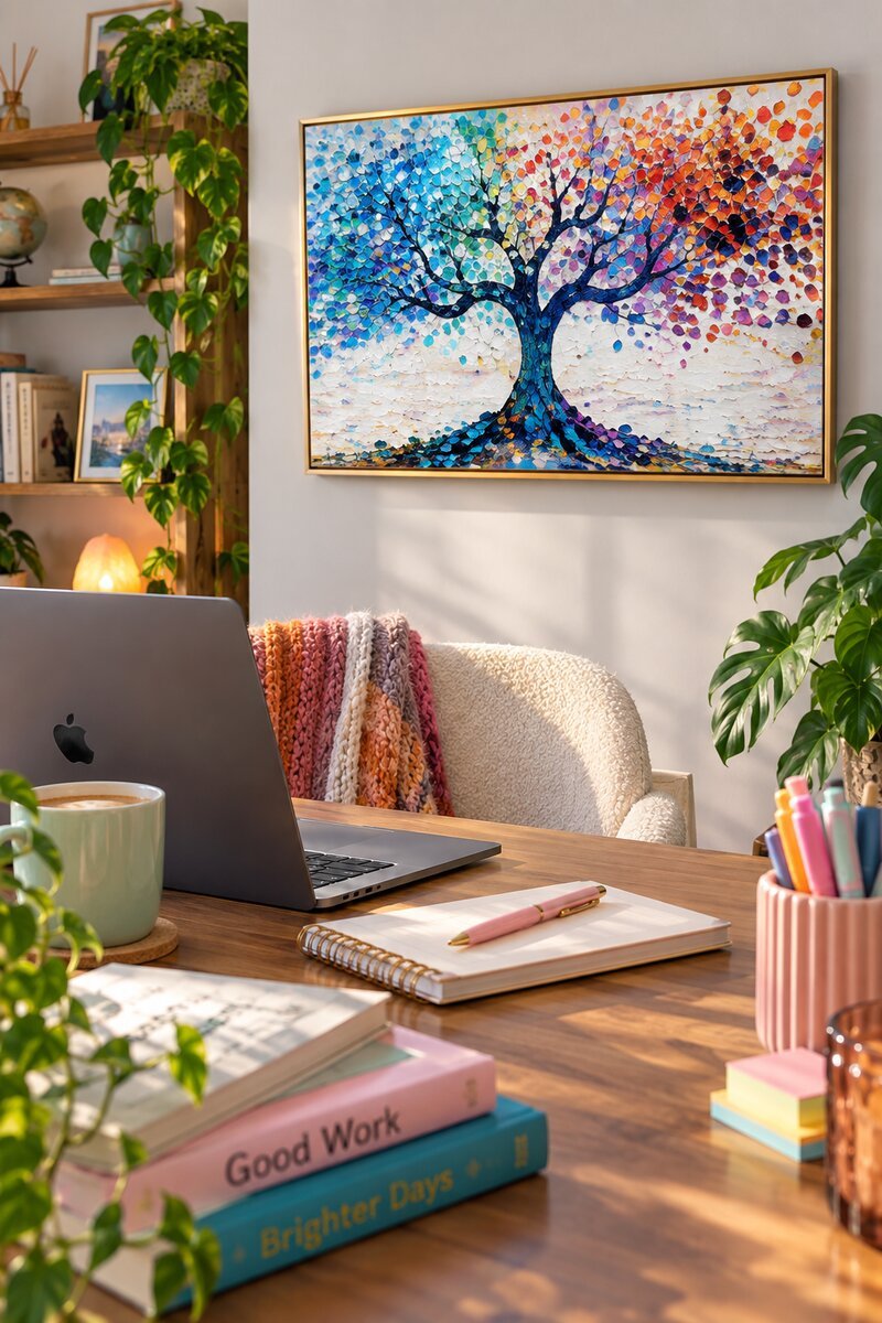 Colourful Tree of Life canvas wall art in a home office
