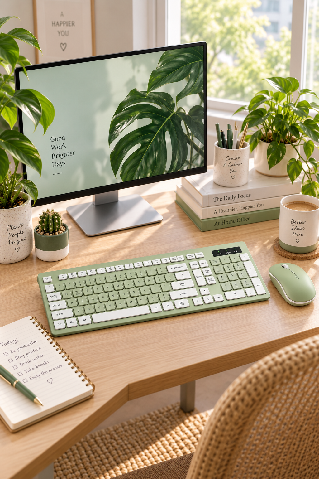 Avocado green wireless keyboard and mouse combo on a botanical home desk