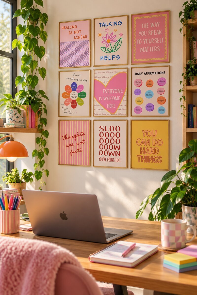 Colourful affirmation wall art grid on a home office wall