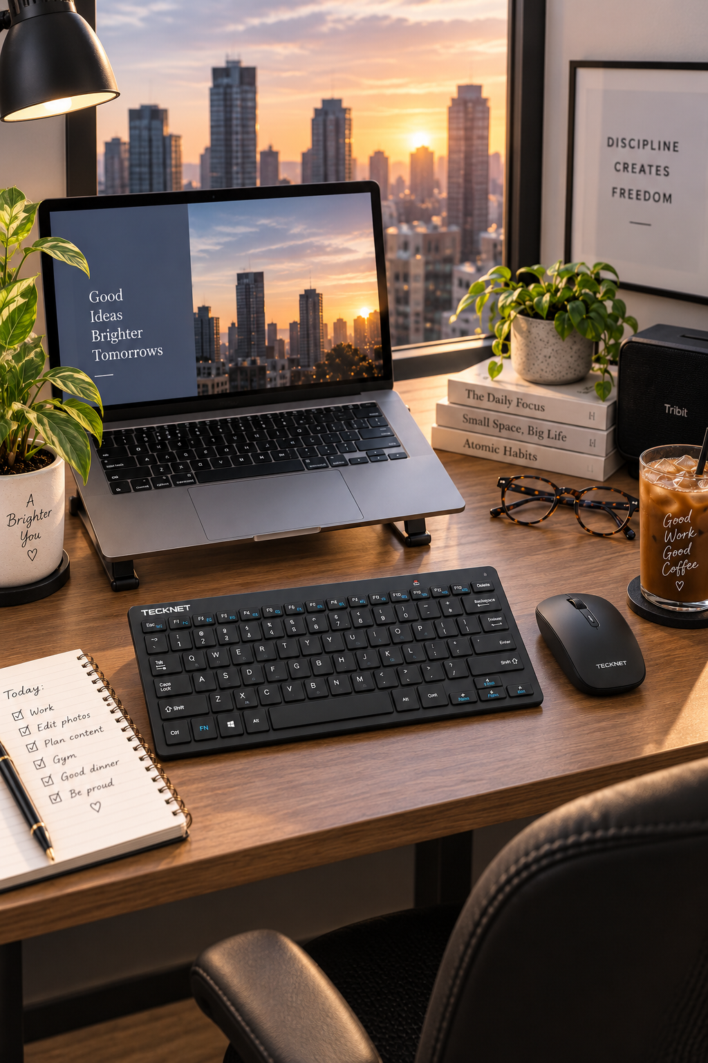 Black mini cordless wireless keyboard and mouse combo on a small studio desk
