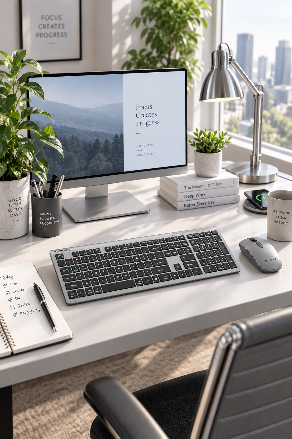 Grey ultra slim rechargeable wireless keyboard and mouse combo on a modern minimalist desk