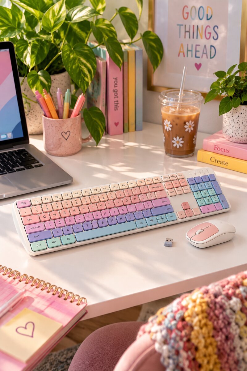 Pastel rainbow keyboard and mouse set on a colourful home office desk