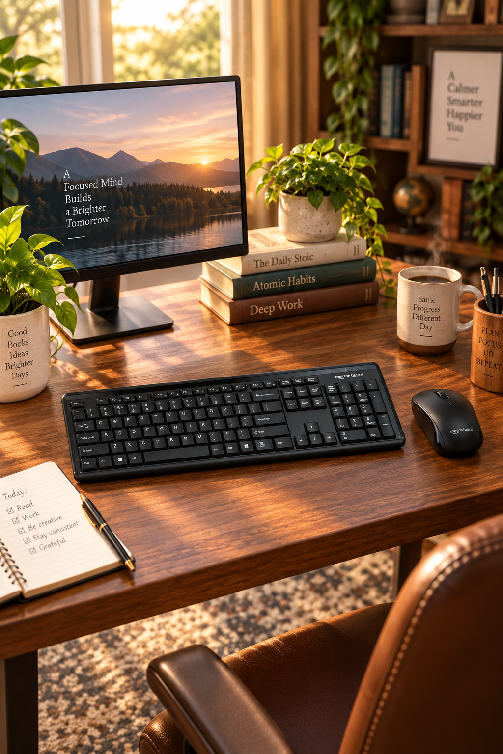 Amazon Basics black 2.4GHz wireless keyboard and mouse combo on a classic home study desk