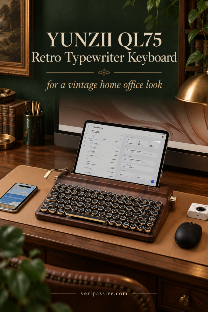 Retro typewriter style mechanical keyboard in wood and cream on a vintage desk