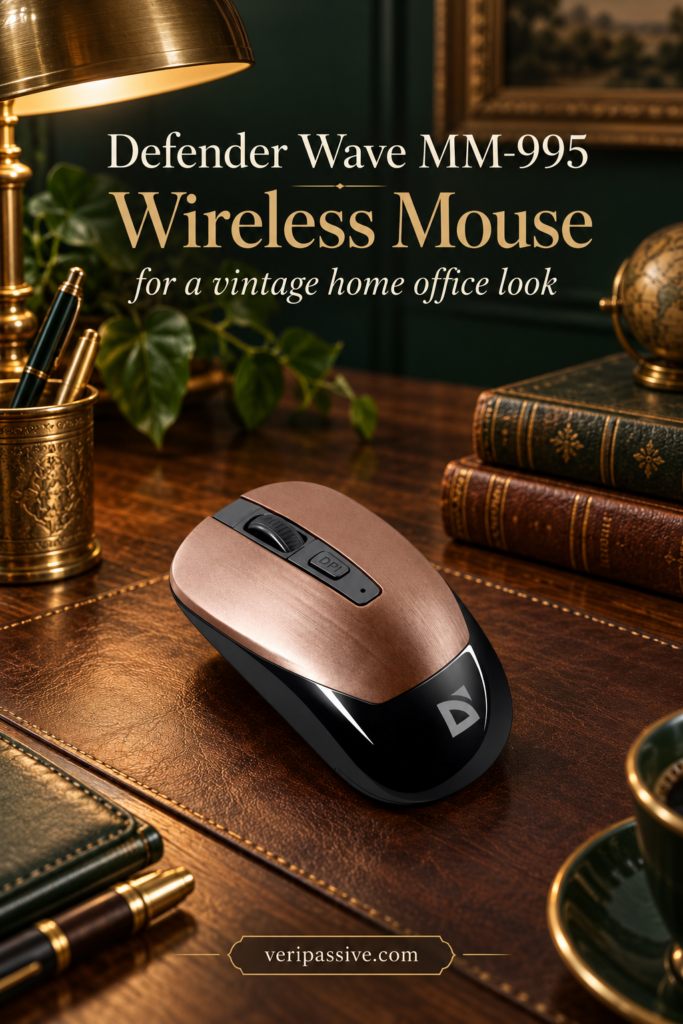Bronze vintage style wireless mouse beside a retro keyboard on a leather desk mat