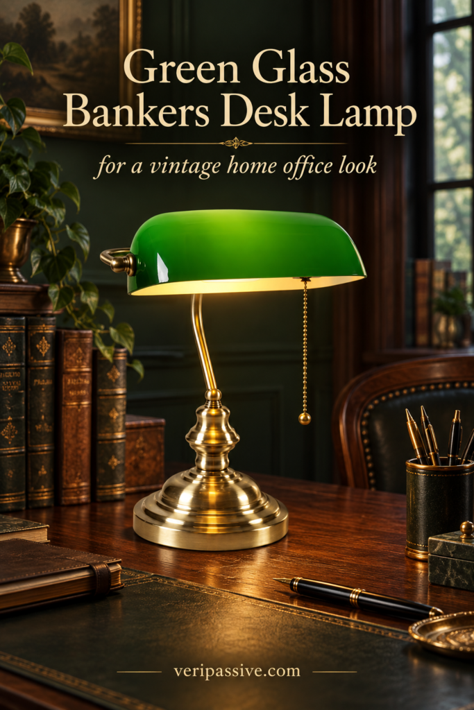 Green glass banker’s desk lamp with a brass base on a dark wood desk in a vintage home office