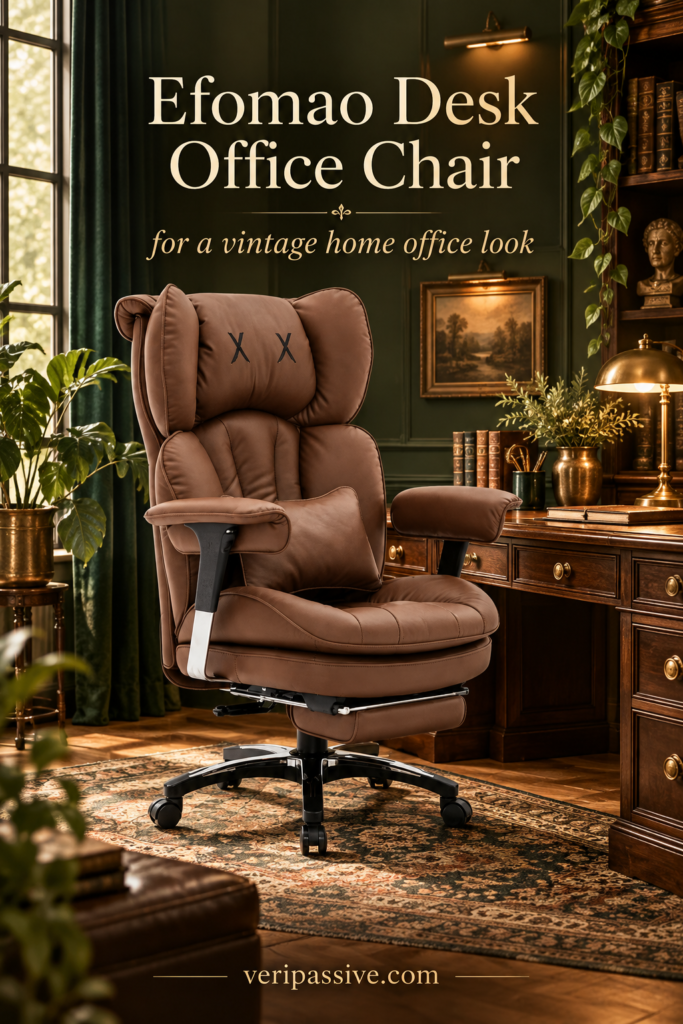Brown vintage leather executive office chair at a dark wood desk