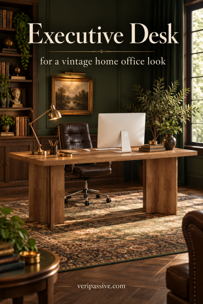 Rustic brown vintage executive desk styled as the centrepiece of a vintage home office