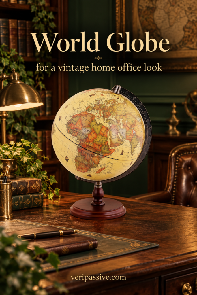 Antique style rotating world globe on a wooden base in a vintage study
