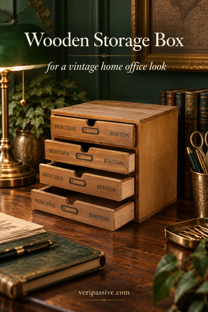 Vintage wooden desk organiser with four drawers on a home office desk