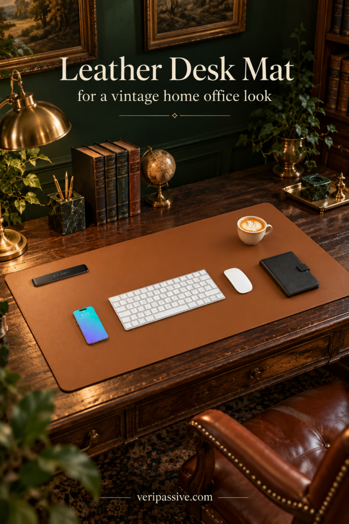 Large brown leather desk mat under a keyboard on a dark wood desk