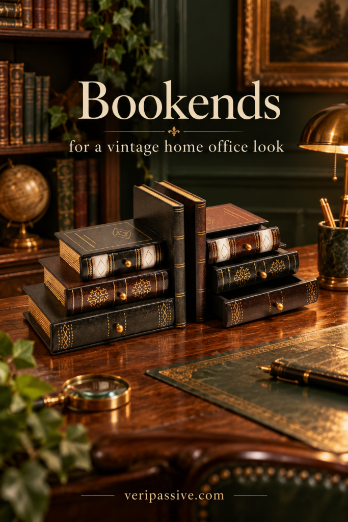 Vintage wooden bookends holding old books on a home office shelf