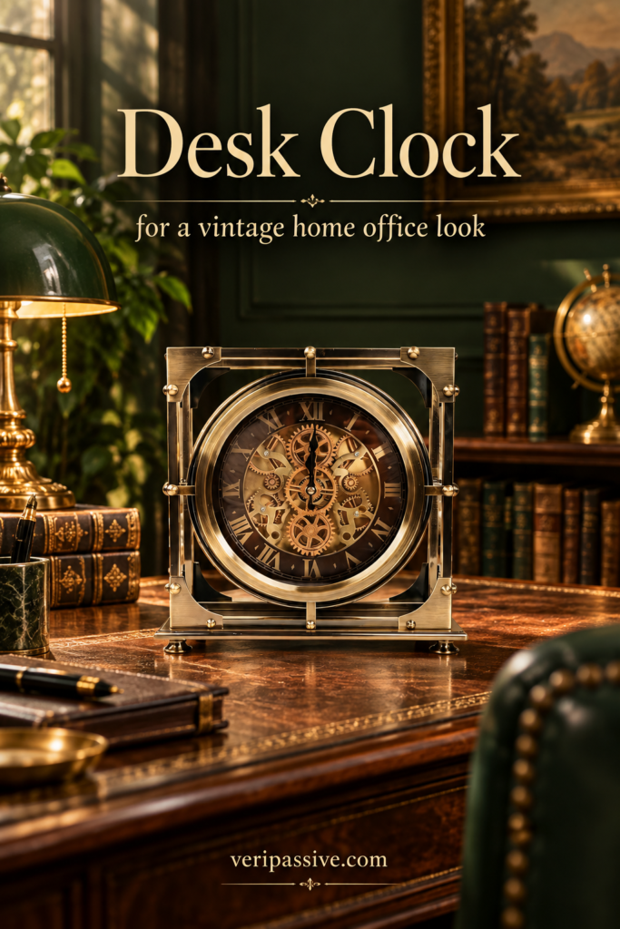 Bronze desk clock with visible moving gears in a vintage home office