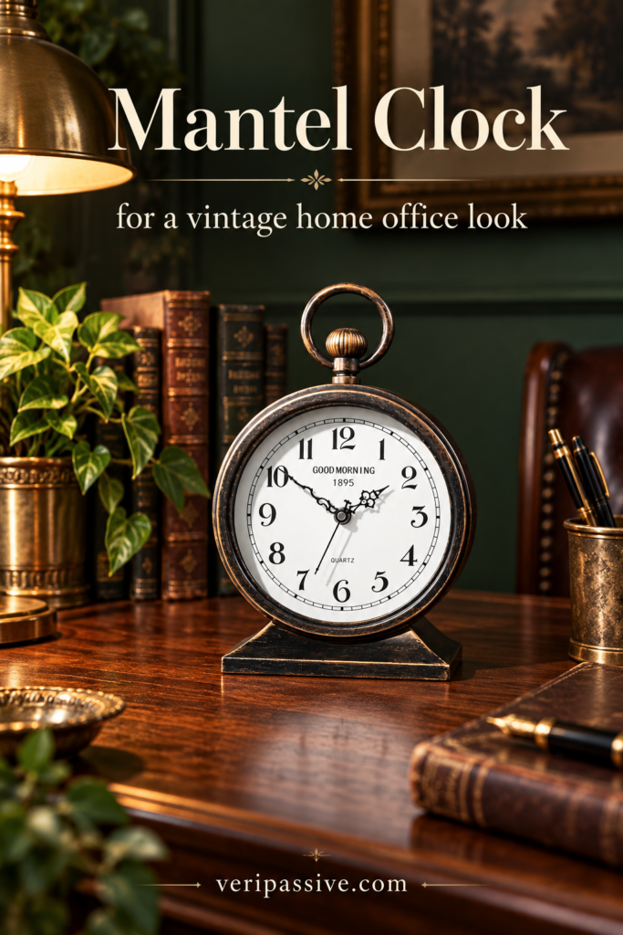 Vintage mantel clock with a carry handle and antique metal finish on a wooden desk