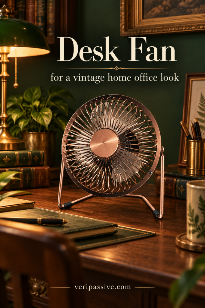 Metal vintage style desk fan on a wooden desk in a cosy home office
