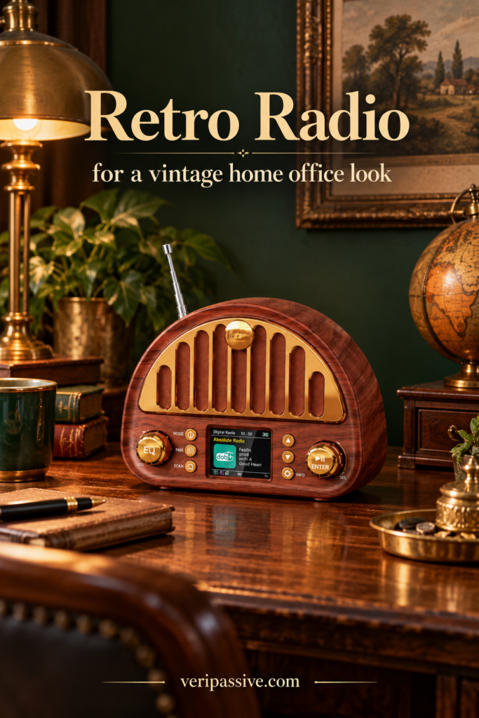 Retro style Bluetooth and DAB radio on a vintage office shelf