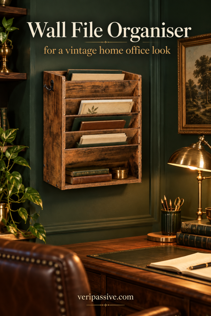 Rustic wooden wall mounted file organiser above a desk in a vintage home office