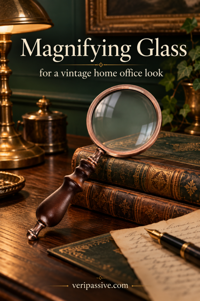 Antique brass magnifying glass resting on old books in a vintage study
