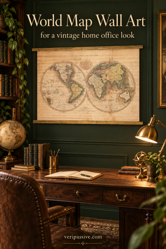 Large rustic vintage world map canvas print above a home office desk