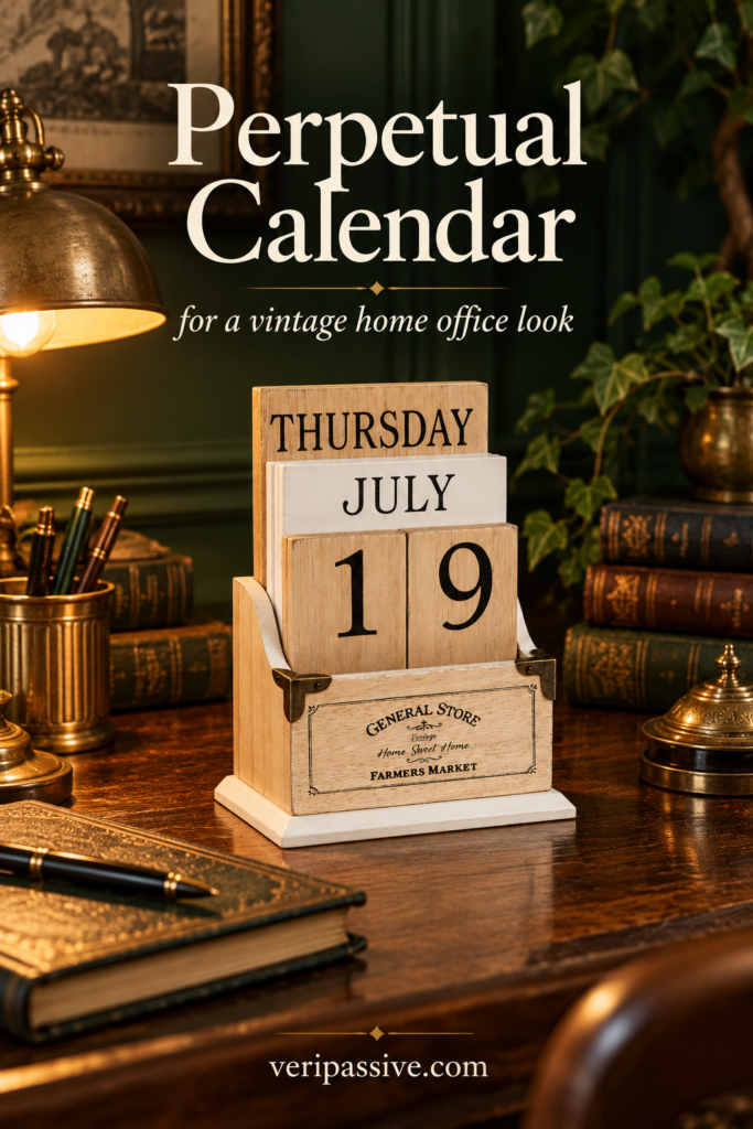 Vintage wooden perpetual desk calendar beside a desk lamp