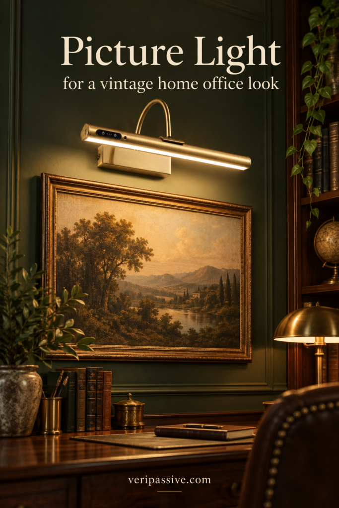 Antique brass picture light above framed artwork in a vintage library style office
