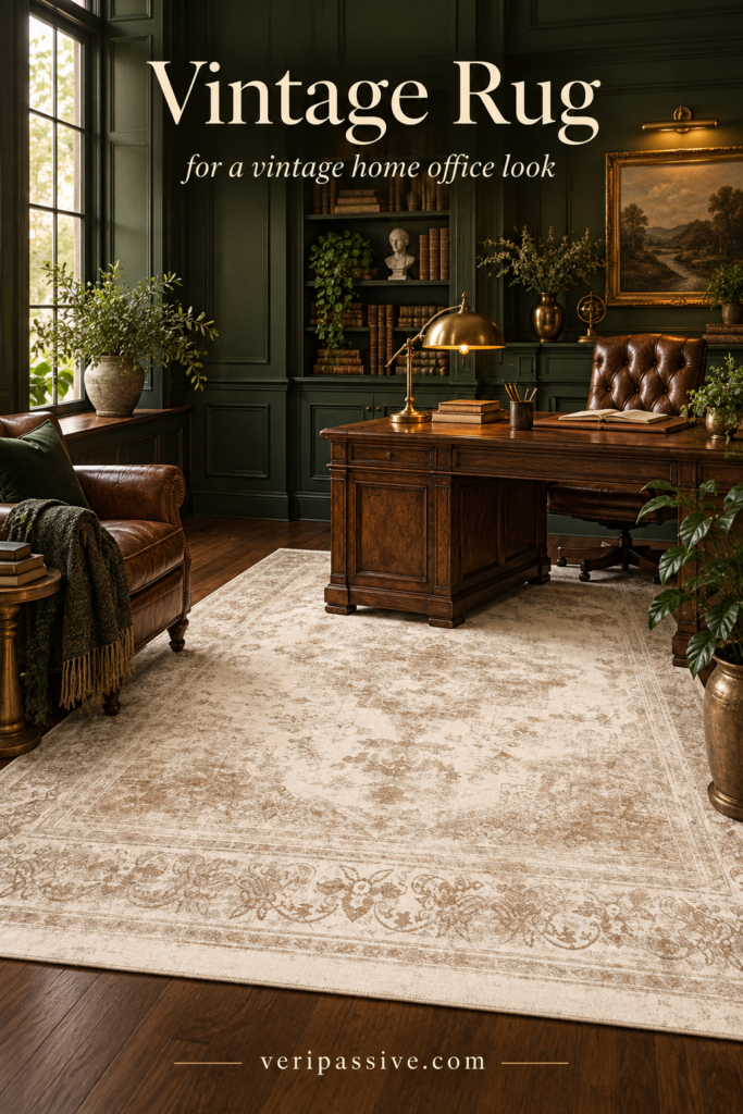 Vintage Persian style washable rug under a desk in a cosy home office