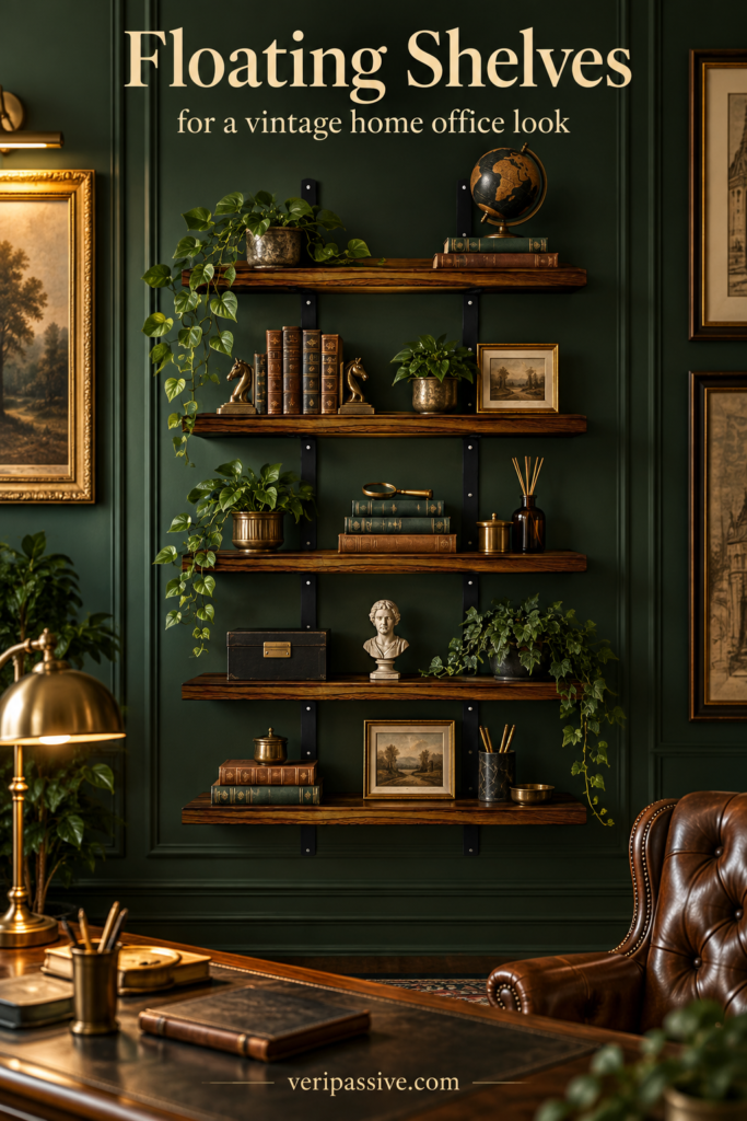 Set of rustic dark wood floating shelves styled with books and vintage decor