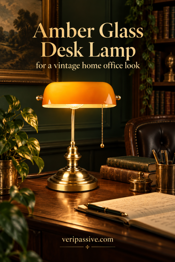 Amber glass banker style desk lamp glowing on a vintage wooden desk