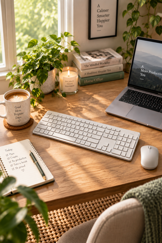 Clean minimalist desk setup featuring a wireless keyboard and mouse combo, laptop, coffee, and plants
