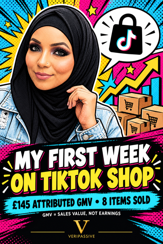Comic illustration of first-week TikTok Shop results: £145 attributed GMV and eight items sold.