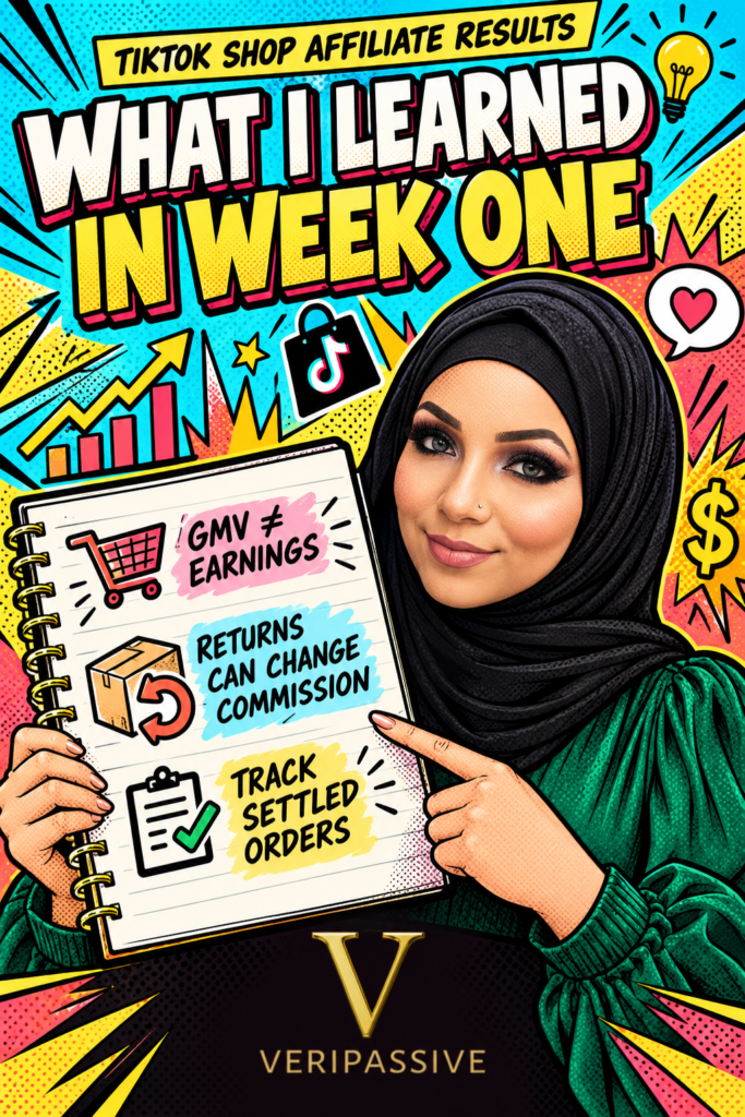 Comic pop-art illustration explaining TikTok Shop first-week lessons about GMV, returns and estimated commission.